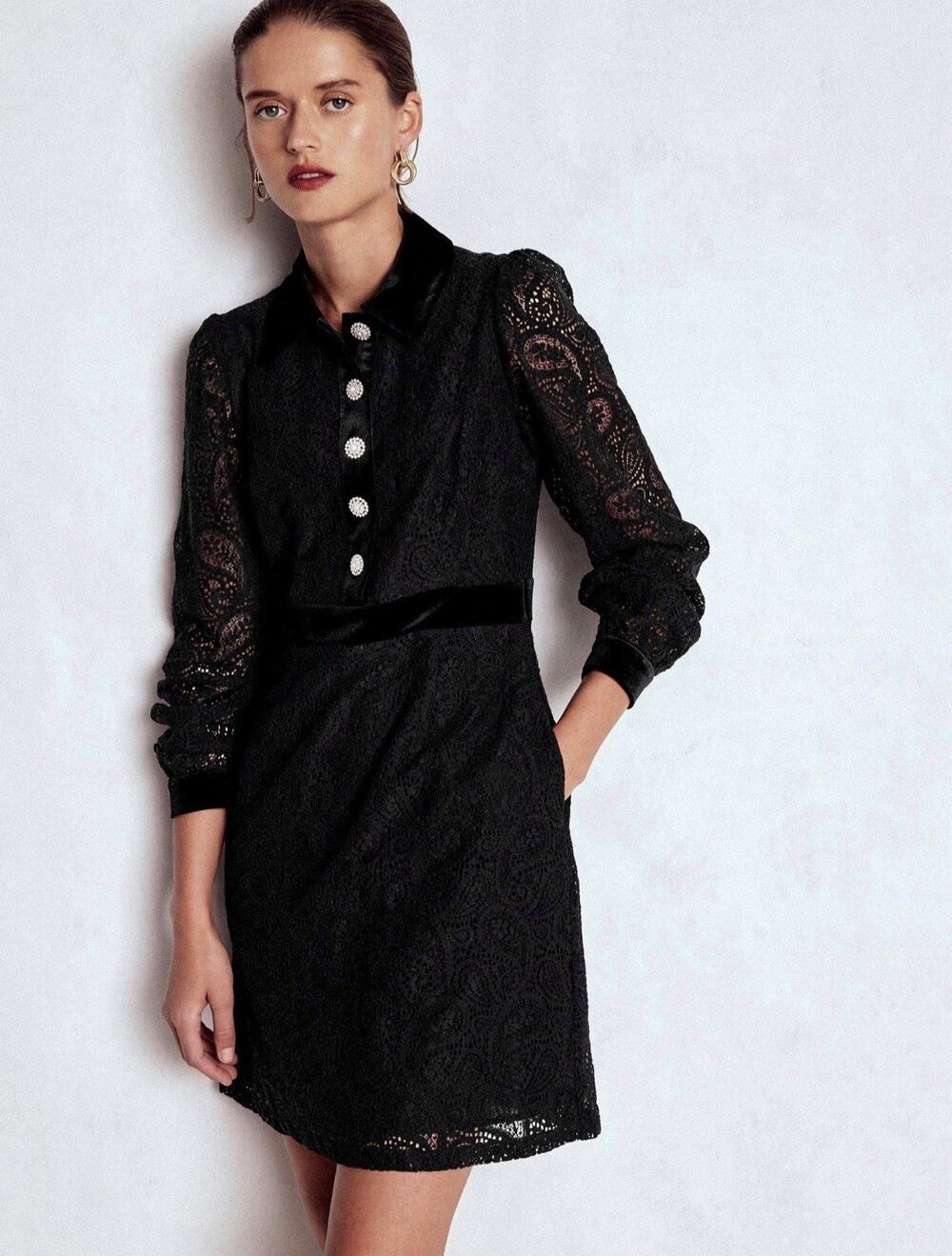 Boden Size 10 Collared Button Lace Dress Long Sleeve Black Knee Length Preppy